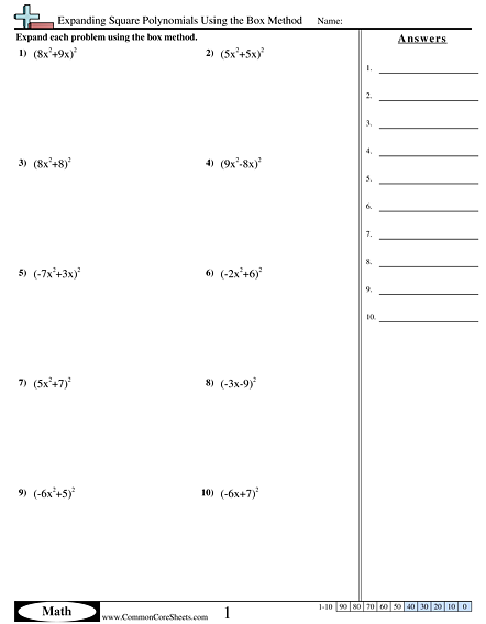 Algebra Worksheets - Expanding Square Polynomials Using the Box Method worksheet